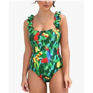 Spolrike Womens Tropical Floral One-Piece Swimsuit Ruffled Straps Medium Beach
